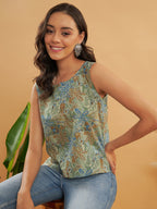 InWeave Dull Green Leaf Floral Print W/U Top
