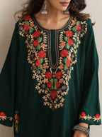trueBrowns Green Kashmiri Floral Embroidered Woollen Phiran Kurta - Distacart