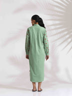 trueBrowns Green Cotton Embroidered Shirt Dress - Distacart
