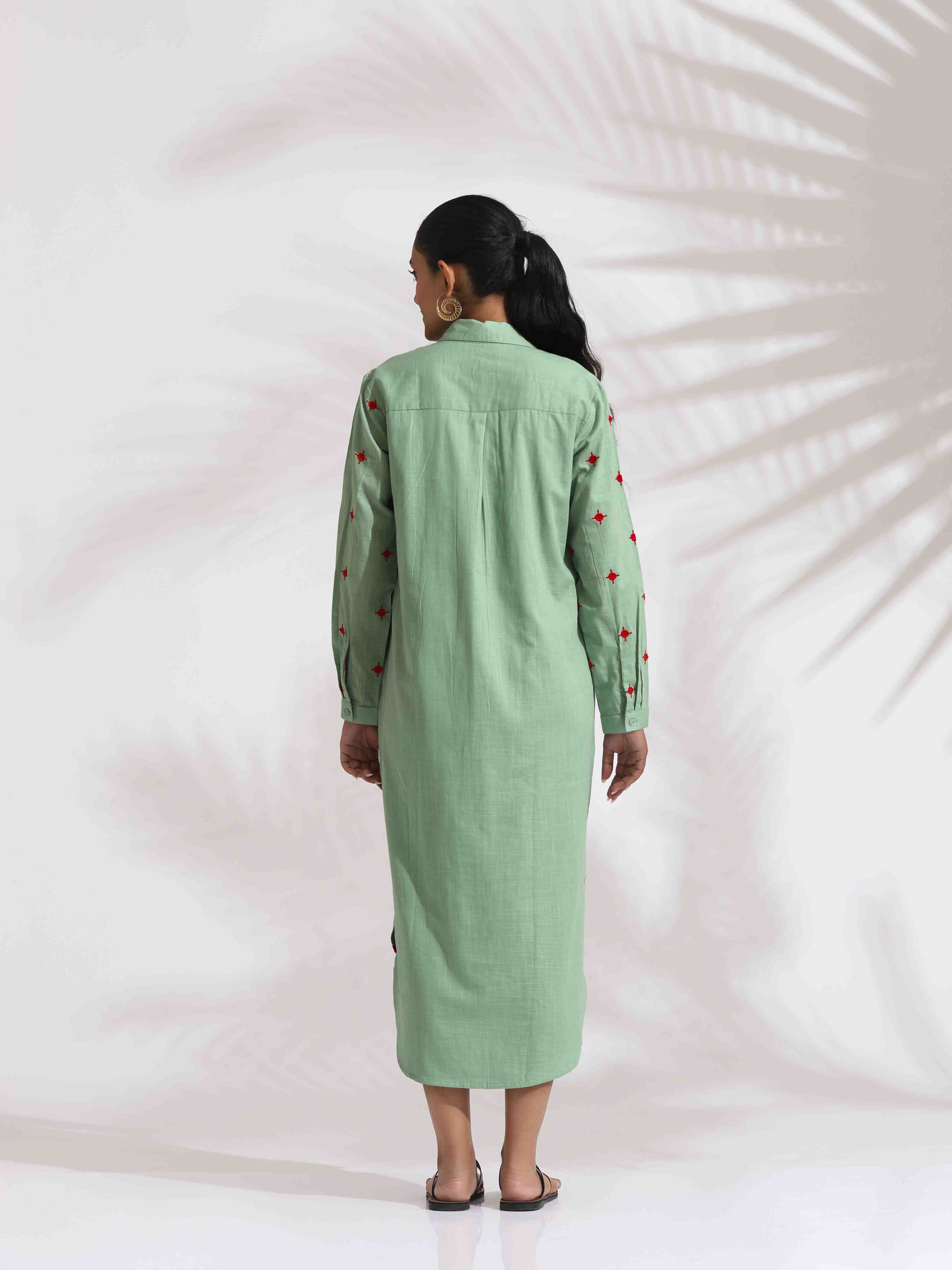 trueBrowns Green Cotton Embroidered Shirt Dress - Distacart