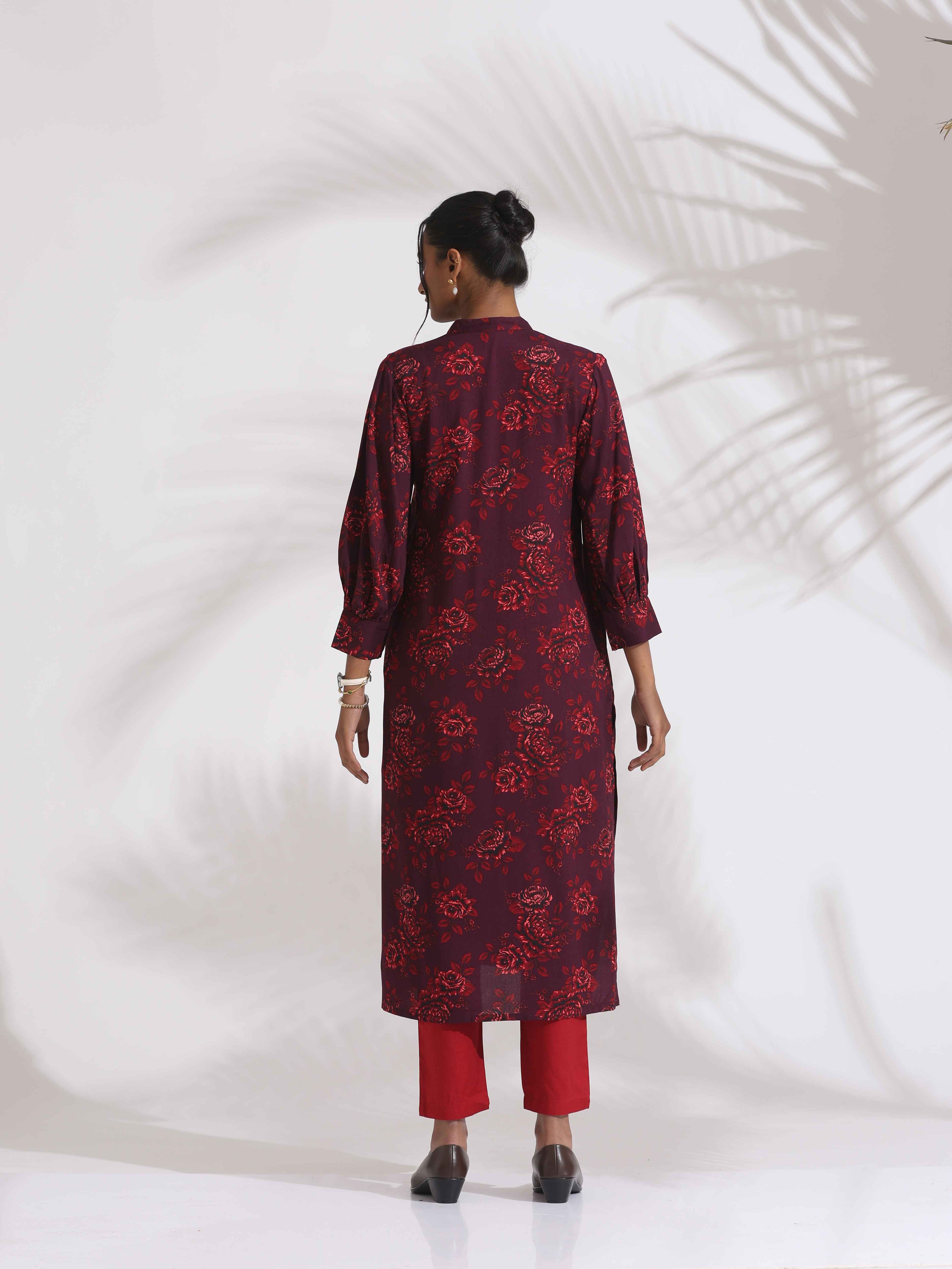 trueBrowns Purple Floral Print Kurta Set - Distacart