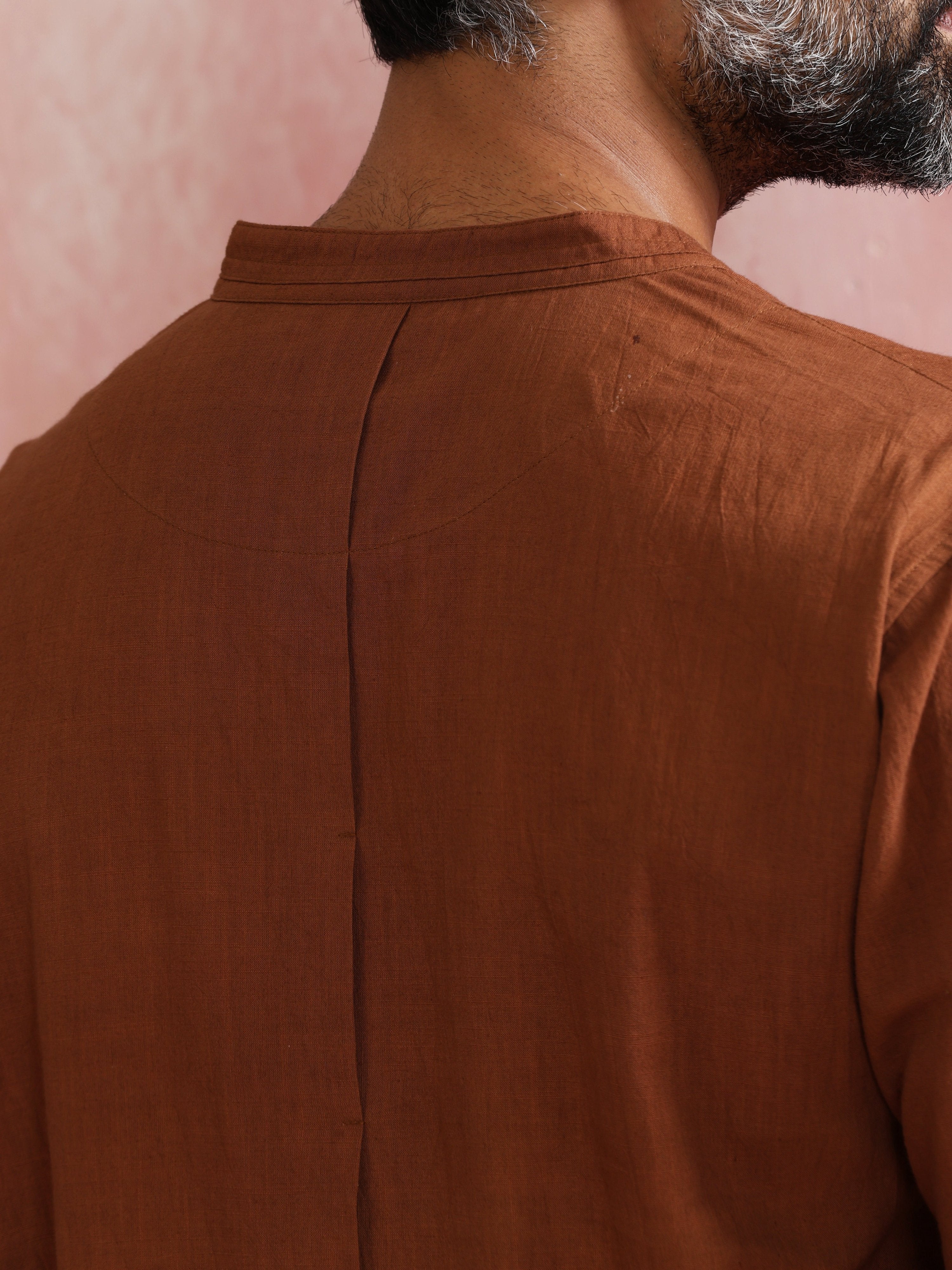 trueBrowns Men's Brown Cotton Mandarin Collar Stylized Kurta