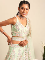 House of Panchhi Lime Green Net Sequins with heavy Zarkan embroidery Lehenga choli & Dupatta