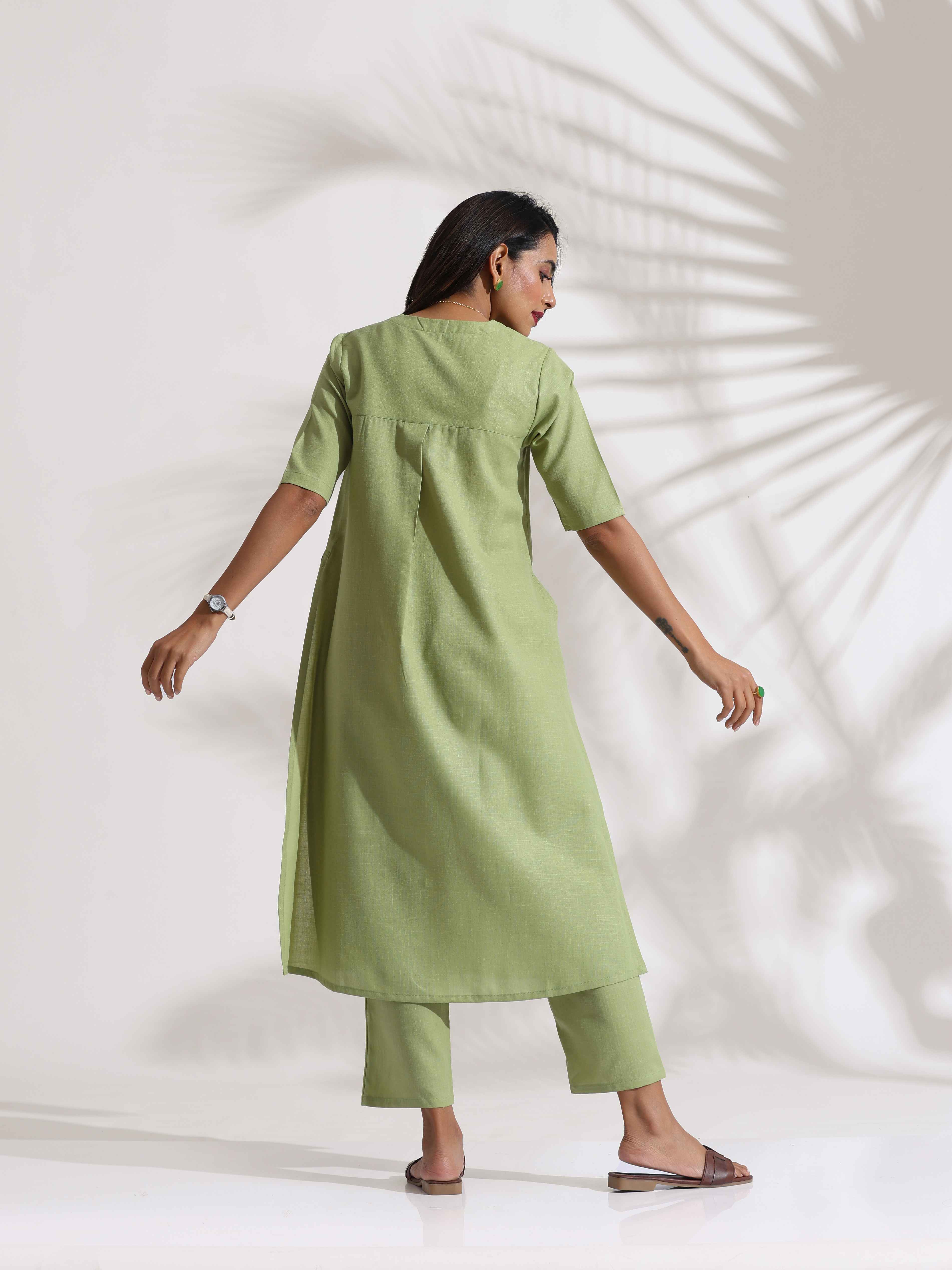 trueBrowns Green Slub Kurta Set - Distacart