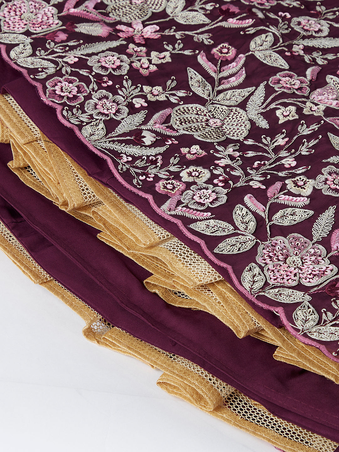 House of Panchhi Burgundy Pure Georgette Sequins And Thread Embroidery Lehenga Choli & Dupatta