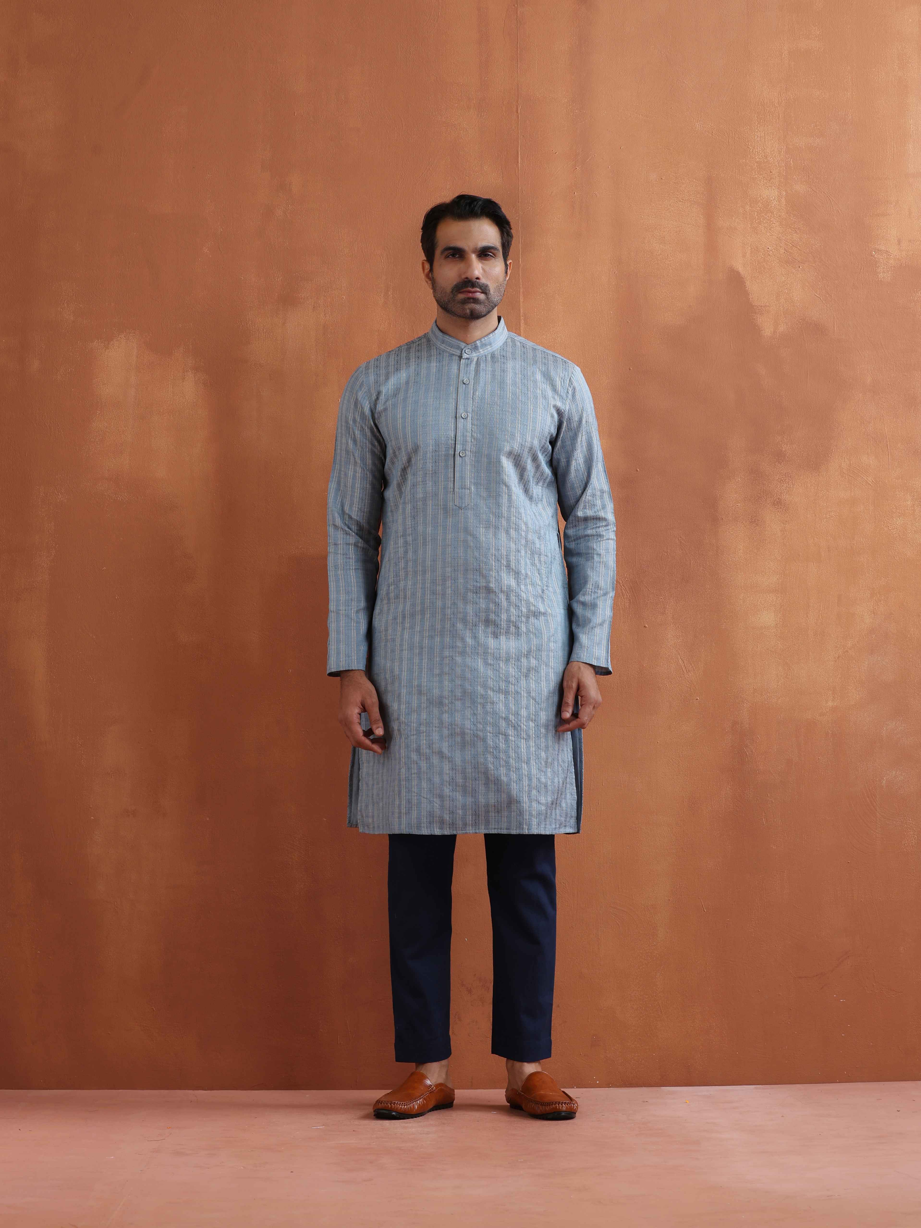 trueBrowns Men's Blue Chanderi Kurta