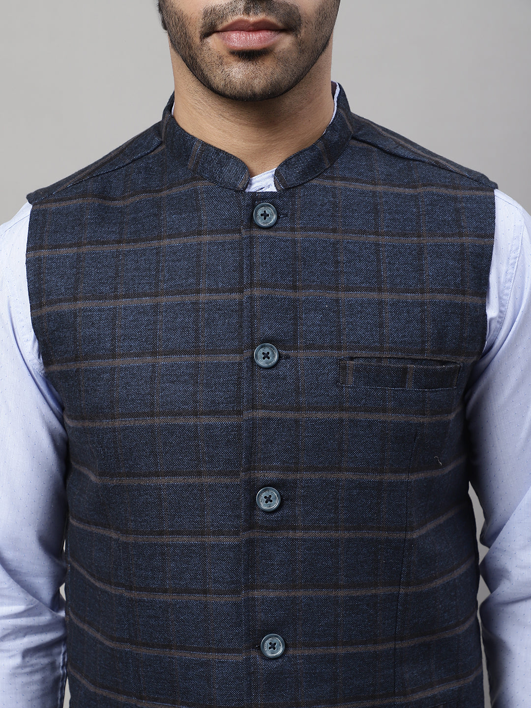 Even Apparels Men's Blue Nehru Jacket With Welt Pockets