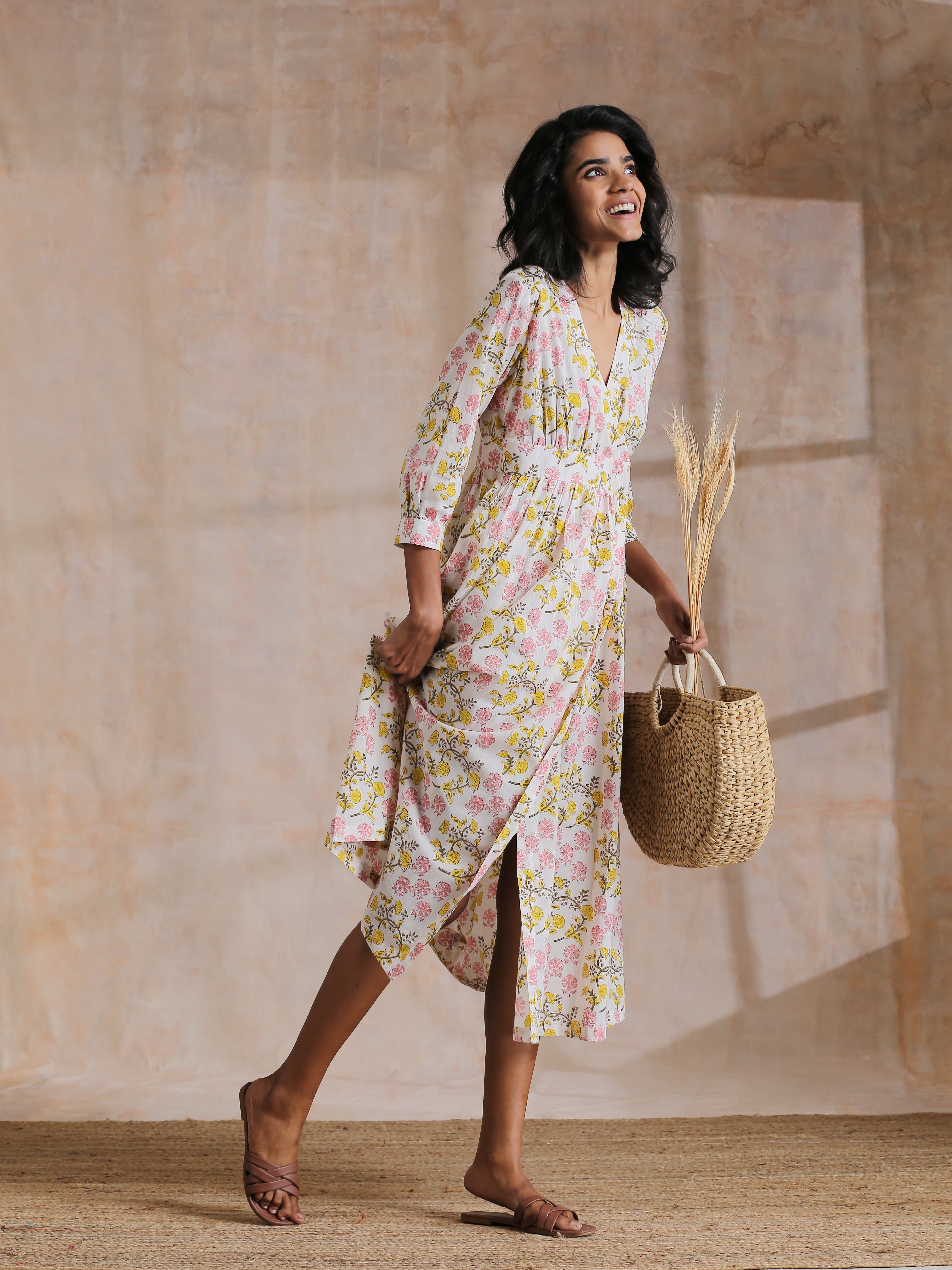 trueBrowns Pink Yellow Floral On White Block Print Cotton Wrap Dress | Relove - Distacart