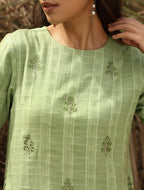 trueBrowns Green Cotton Dobby Embroidered Kurta Set - Distacart