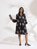 trueBrowns Black Cotton Print Short Dress - Distacart
