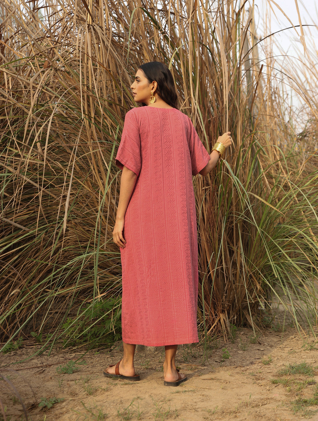 trueBrowns Coral Cotton Dobby Front Slit Dress - Distacart