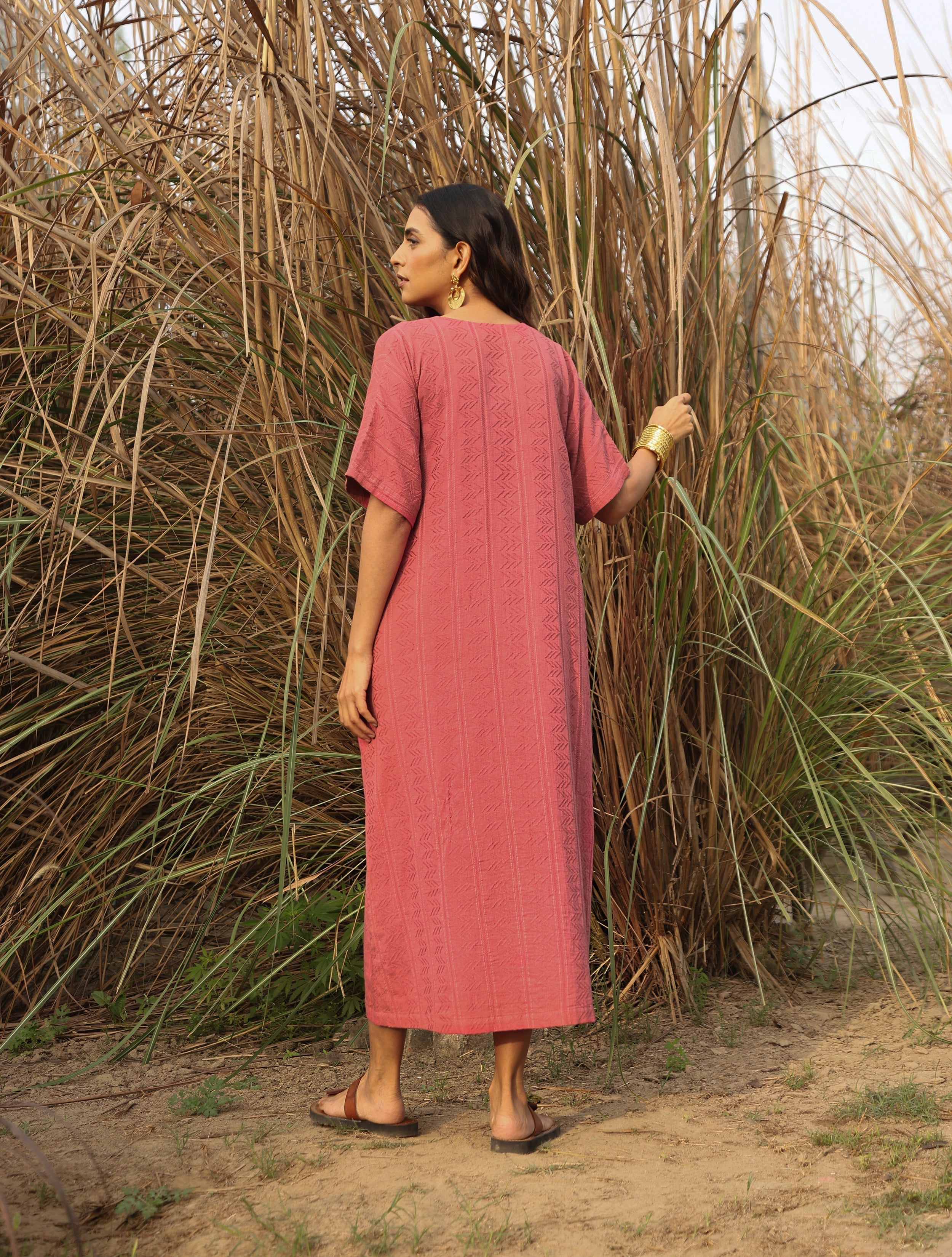 trueBrowns Coral Cotton Dobby Front Slit Dress - Distacart