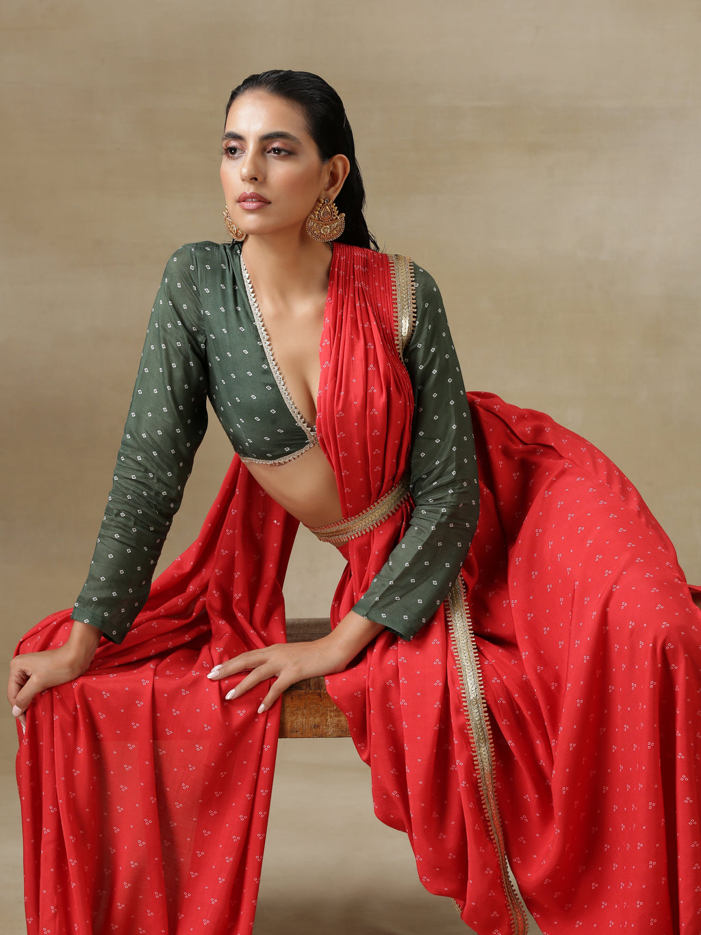 trueBrowns Red Bandhani Printed Silk Skirt Stitched Saree with Belt