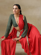 trueBrowns Red Bandhani Printed Silk Skirt Stitched Saree with Belt