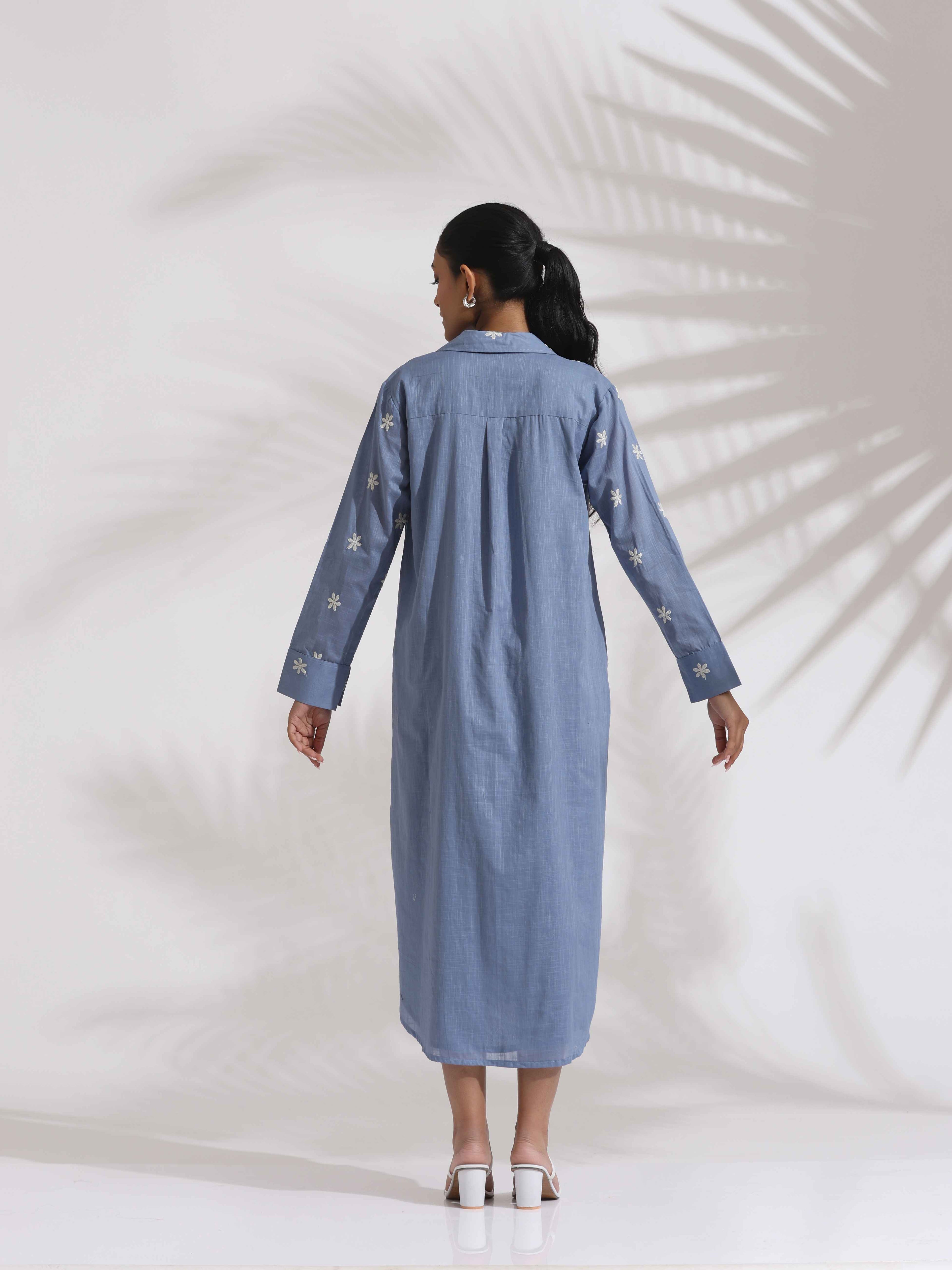 trueBrowns Blue Cotton Floral Embroidered Dress - Distacart