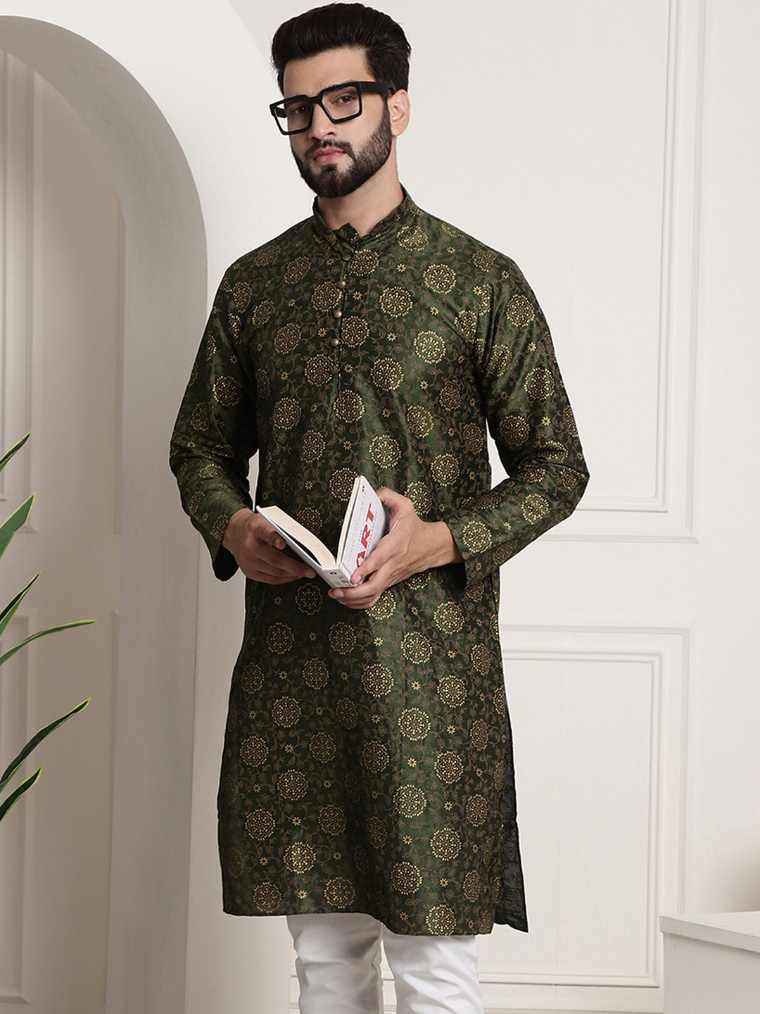 Sojanya Men Green & Brown Ethnic Motifs Printed Kurta