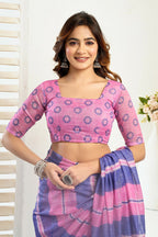 Vastranavya Pink Blue Digital Printed Linen Ready To Wear Designer Saree with Unstitched Blouse - Distacart