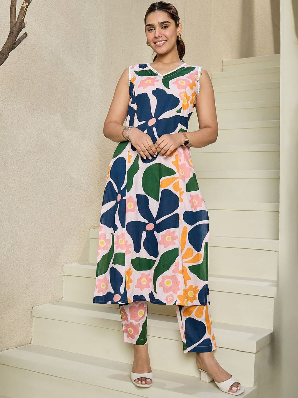 Indo Era Floral Printed V-Neck Sleeveless Pure Cotton A-Line Kurta With Trousers - Distacart