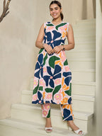 Indo Era Floral Printed V-Neck Sleeveless Pure Cotton A-Line Kurta With Trousers - Distacart