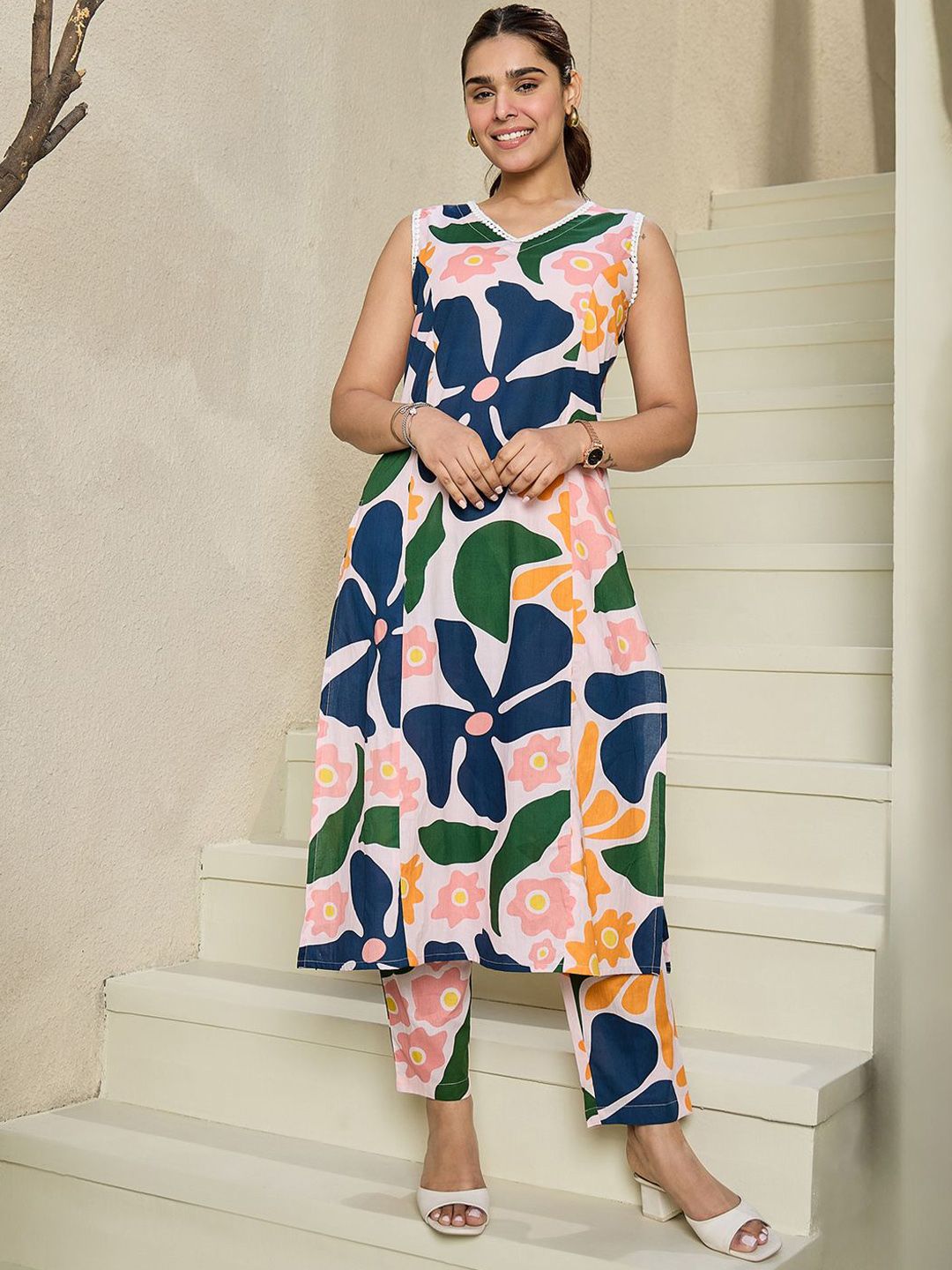 Indo Era Floral Printed V-Neck Sleeveless Pure Cotton A-Line Kurta With Trousers - Distacart