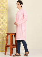 House of Pataudi Men Chikankari Yoke Design Pastels Pure Cotton Rozana Kurta