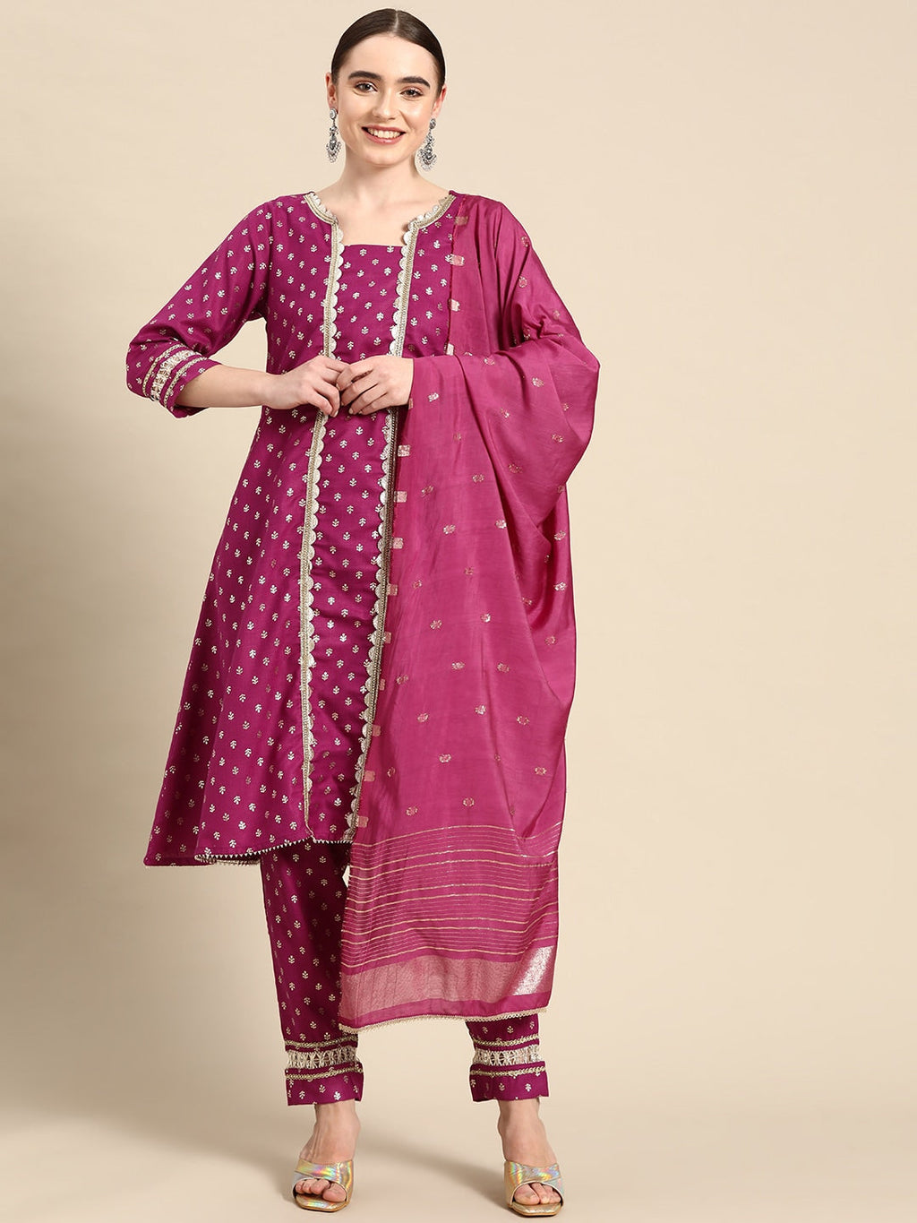 Sangria Ethnic Motifs Printed Gotta Patti Pure Cotton Kurta with Trousers & Dupatta