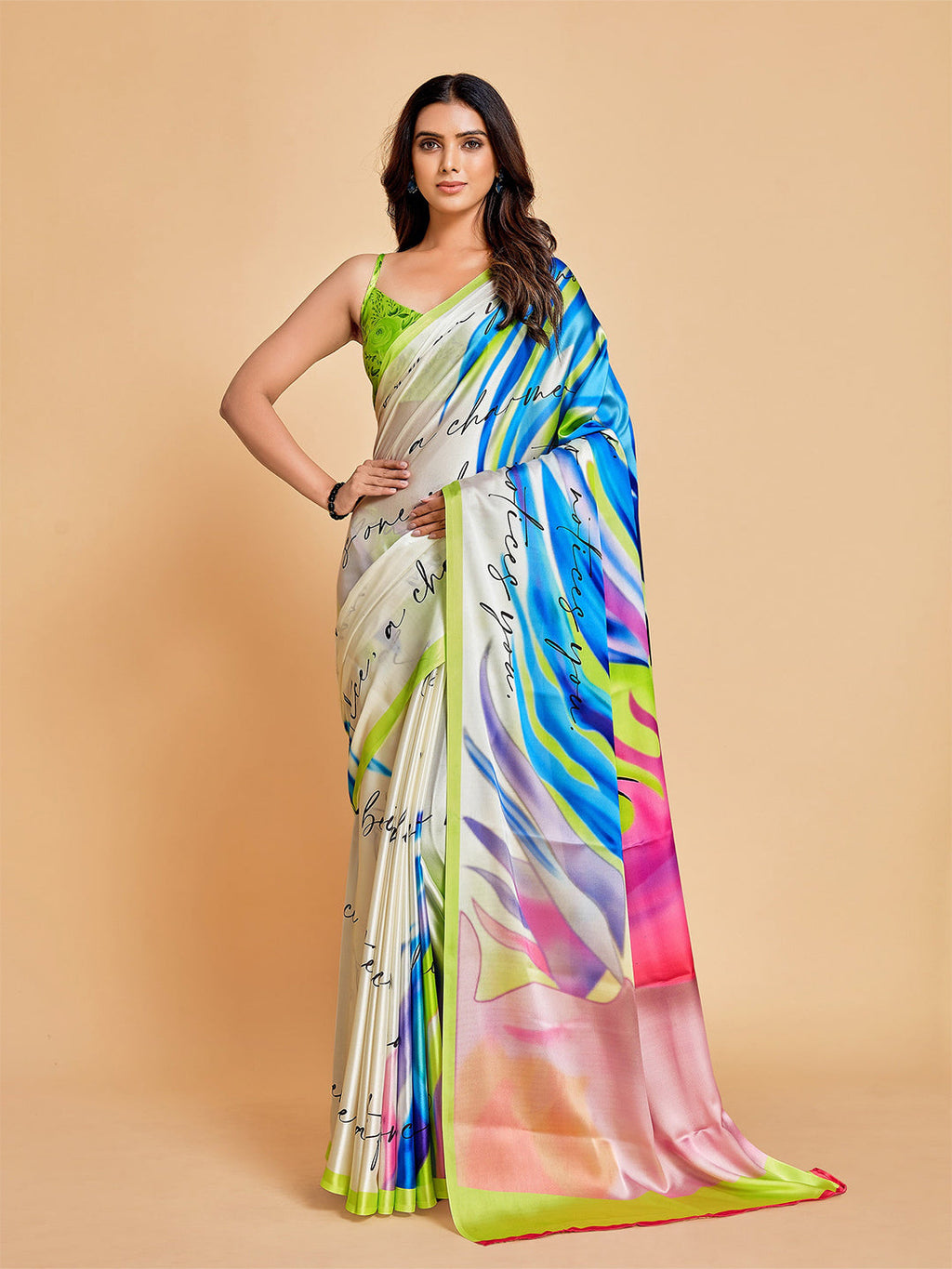Sangria White & Blue Satin Saree - Distacart