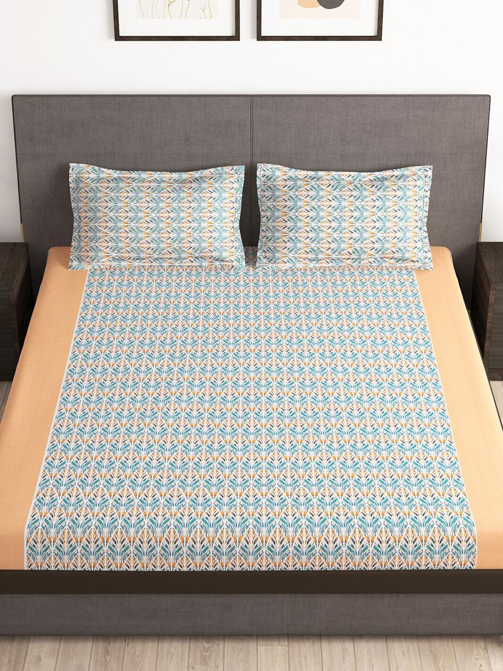 Story@home Tango Blue & White Printed 240 TC King Bedsheet with 2 Pillow Covers
