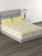 MYTRIDENT Yellow White Floral Cotton 144 TC Queen Bedsheet With 2 Pillow Covers