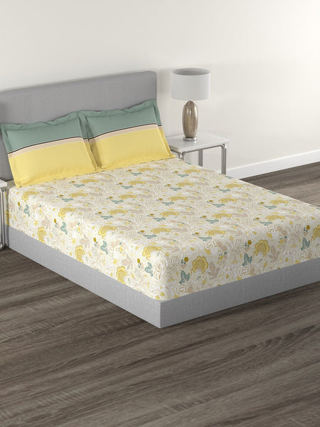 MYTRIDENT Yellow White Floral Cotton 144 TC Queen Bedsheet With 2 Pillow Covers