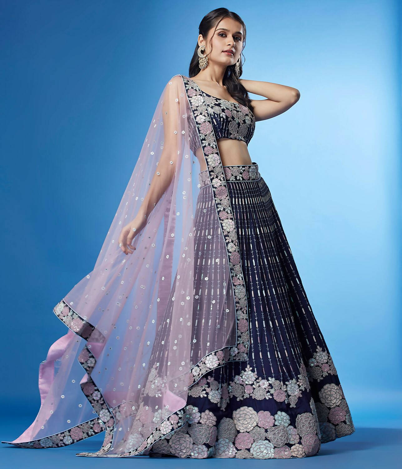 House of Panchhi Navy Blue Color Georgette Multi-Sequins Work Lehenga