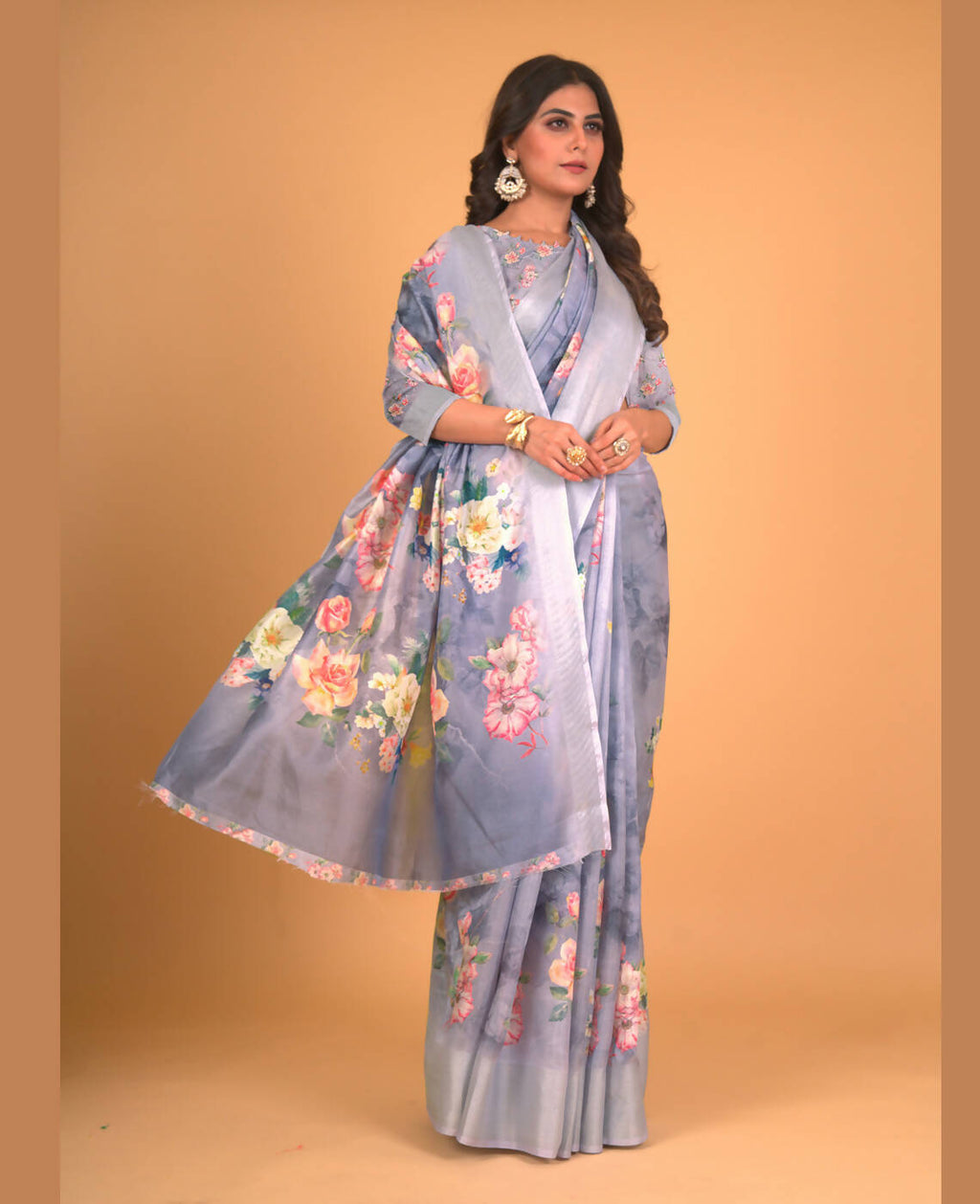 Grey Cotton Silk Floral Printed Saree With Unstitched Blouse Piece - Akshita