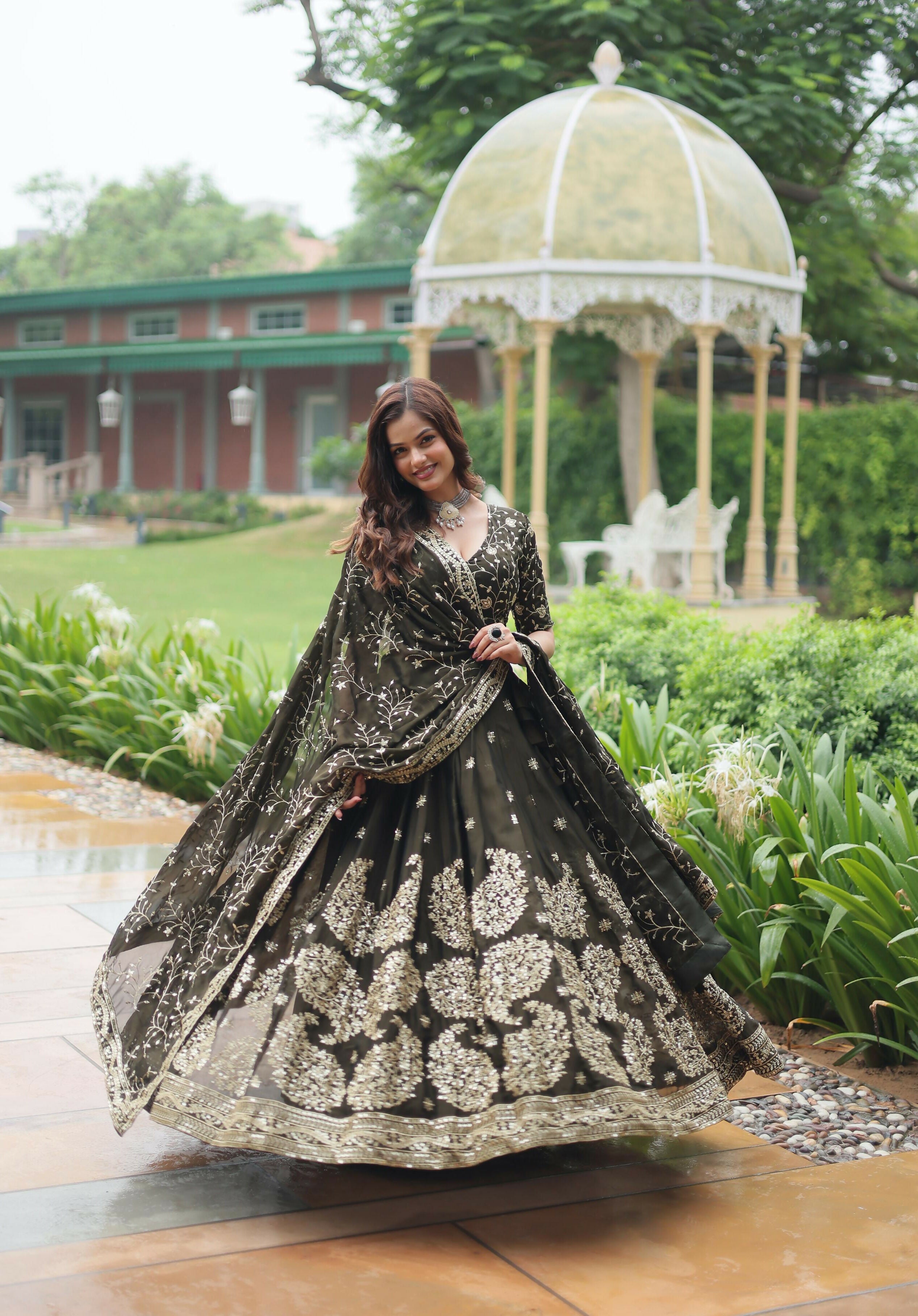 Lorenvalley Mahendi Rangoli Silk Heavy Sequins & Thread Embroidered work Lehenga Choli