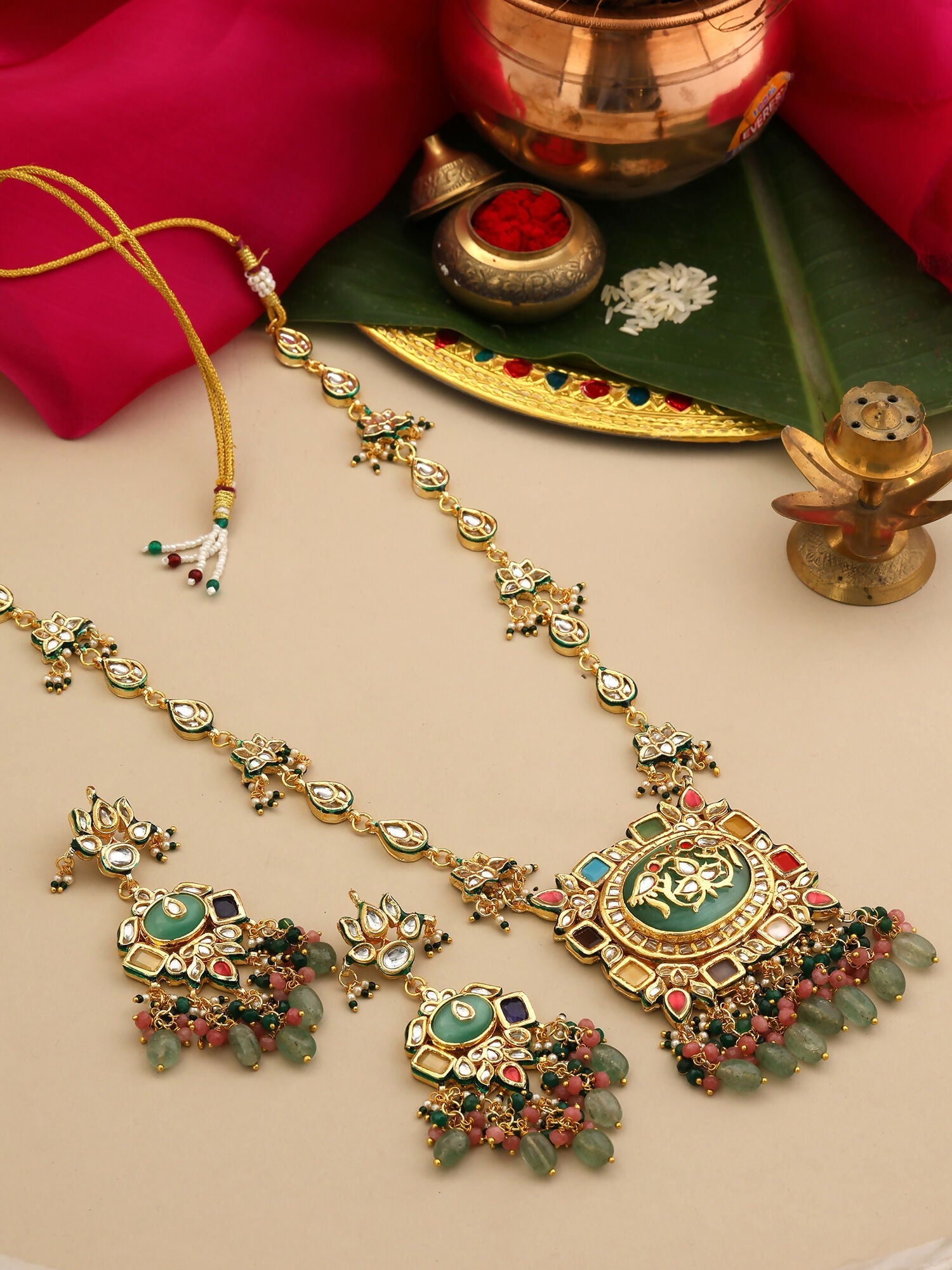 Ruby Raang Kundan Haar With Matching Earrings