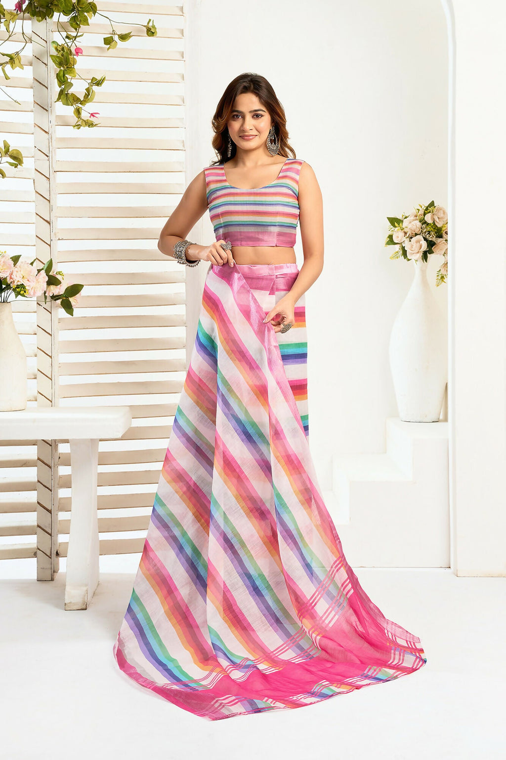 Vastranavya Rainbow Digital Printed Linen Ready To Wear Designer Saree with Unstitched Blouse - Distacart