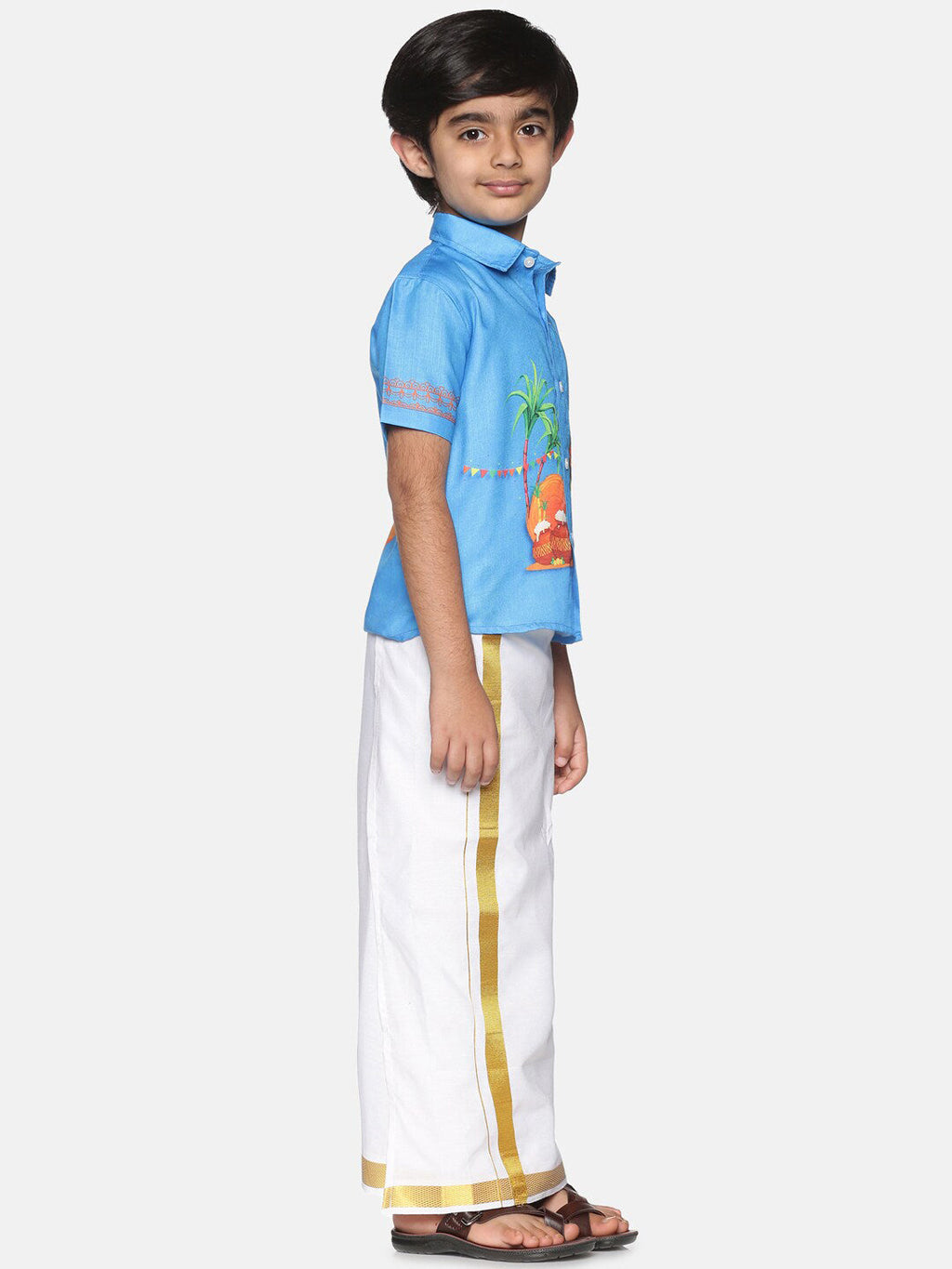 Sethukrishna Boys Traditional Boys Blue & White Printed Shirt with Dhoti