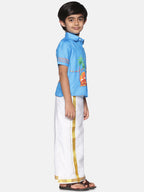 Sethukrishna Boys Traditional Boys Blue & White Printed Shirt with Dhoti