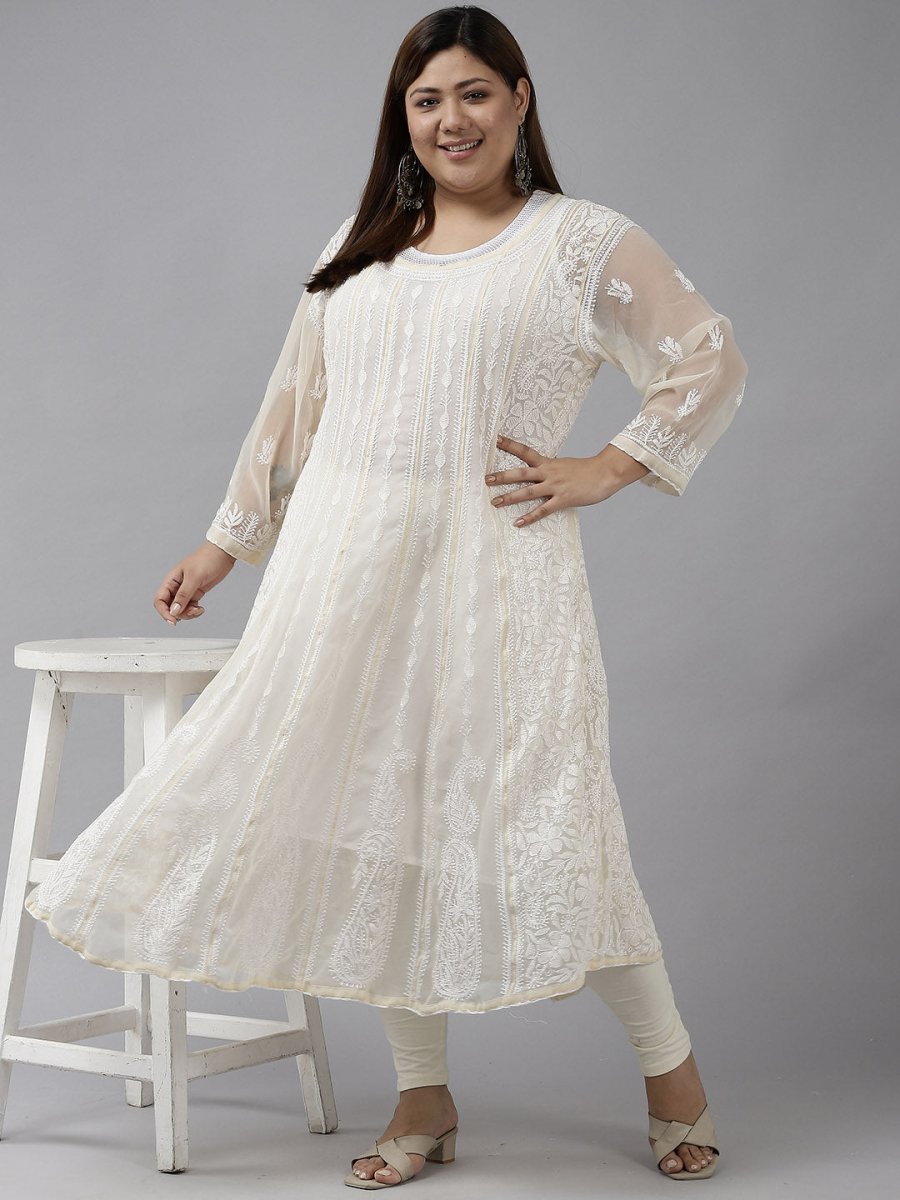 ADA Women Beige Ethnic Motifs Plus Size Chikankari Georgette Anarkali Kurta