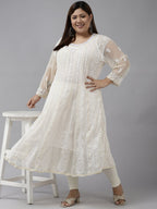 ADA Women Beige Ethnic Motifs Plus Size Chikankari Georgette Anarkali Kurta