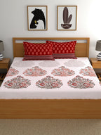 My Room Red & White Ethnic Motifs 140 TC King Bedsheet with 2 Pillow Covers