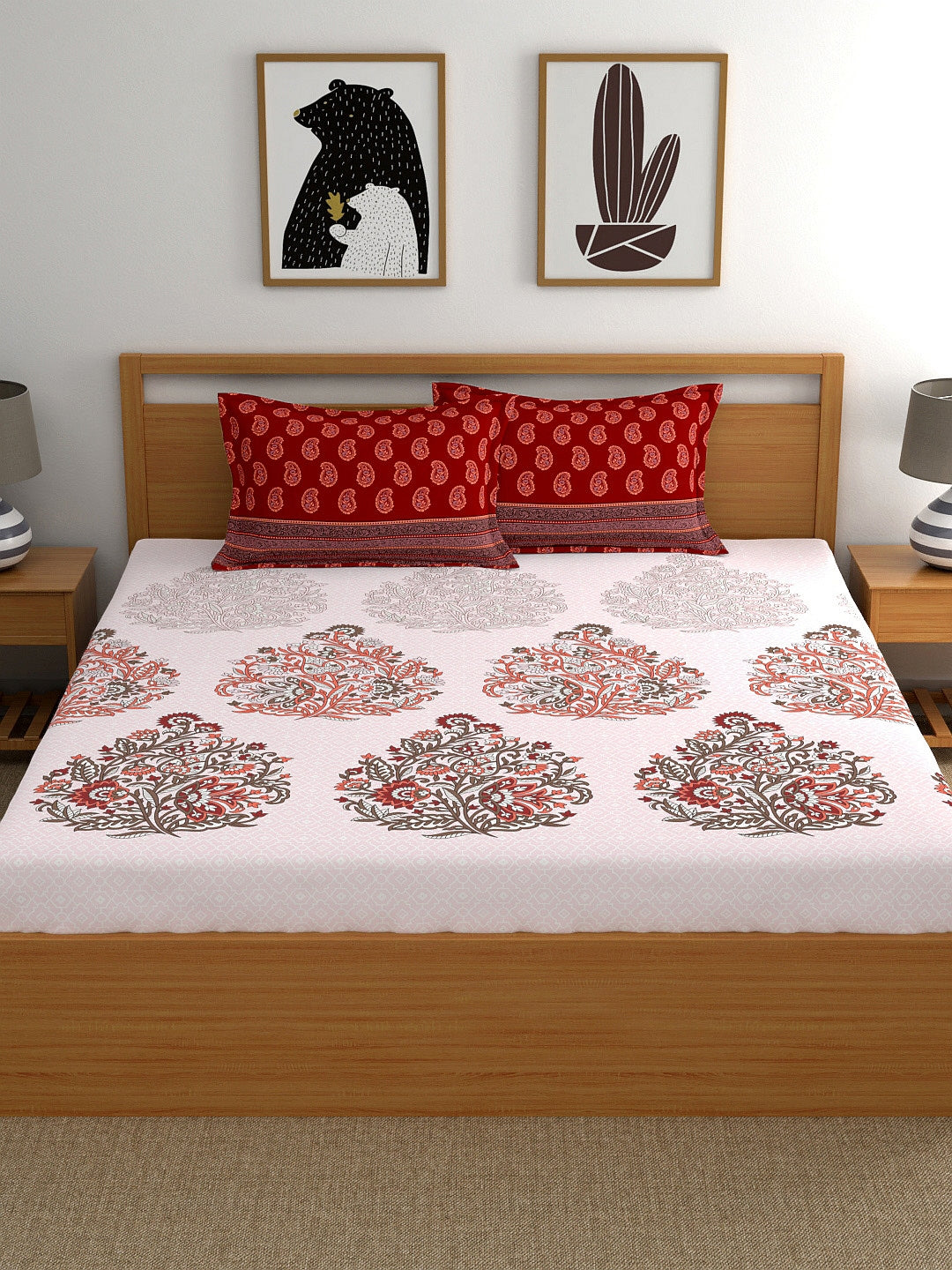 My Room Red & White Ethnic Motifs 140 TC King Bedsheet with 2 Pillow Covers