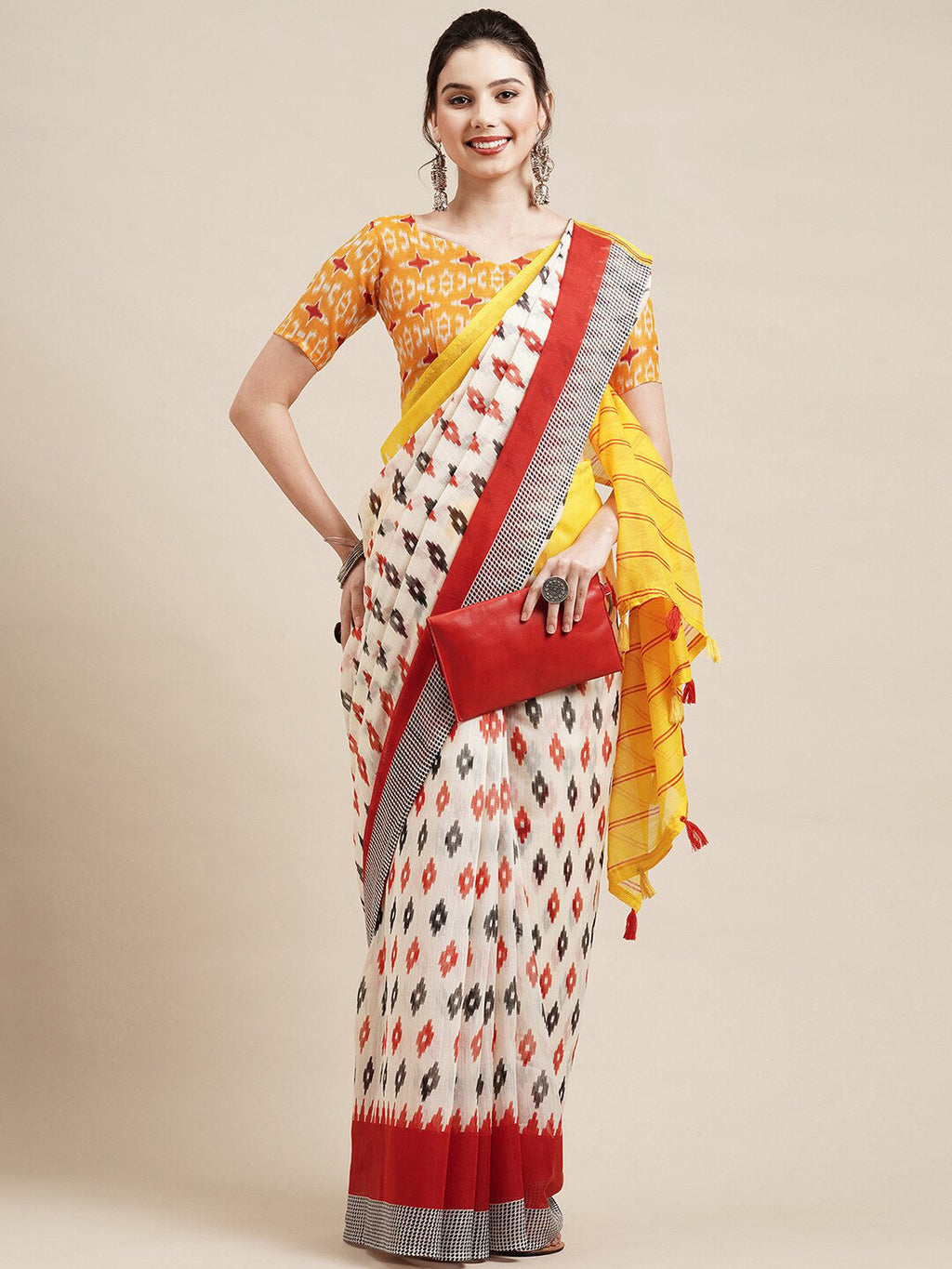 Saree Mall Off White & Red Pure Cotton Saree - Distacart