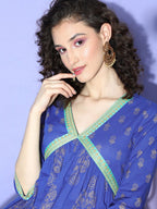Ahalyaa Blue Floral Print Midi Empire Ethnic Dress - Distacart