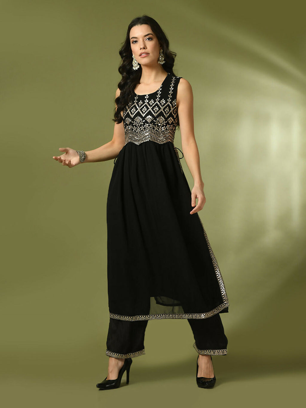 Myshka Women's Black Embroidered Georgette Anarkali Party Kurta Set