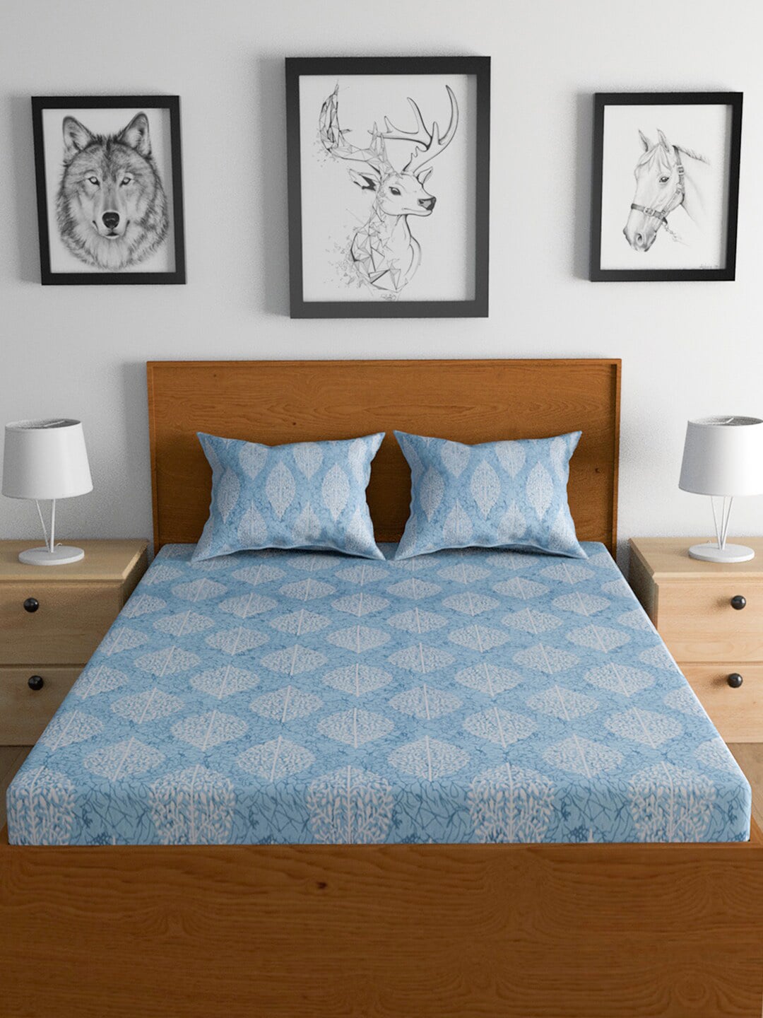 Urban Magic Blue Ethnic Motifs Printed Cotton 104 TC Queen Bedsheet With 2 Pillow Covers