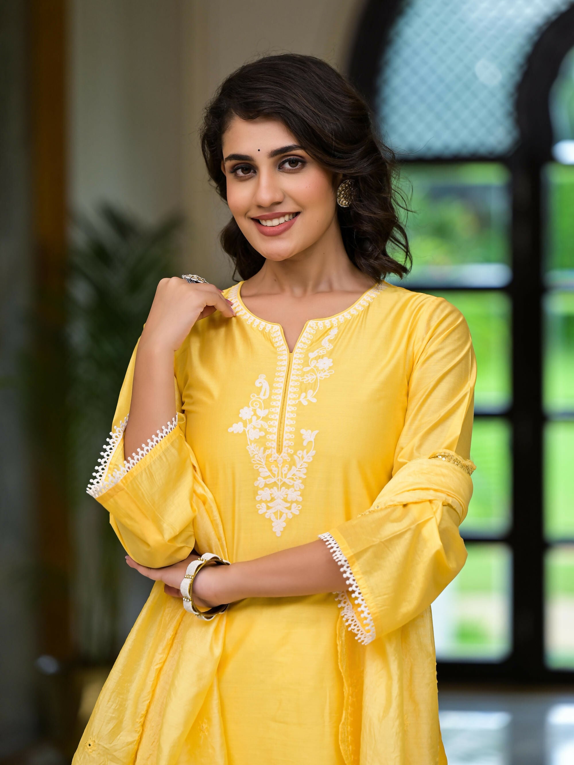 Juniper Women's Yellow Thread Embroidered Viscose Kurta Palazzo And Dupatta Set With Thread & Mirror Work