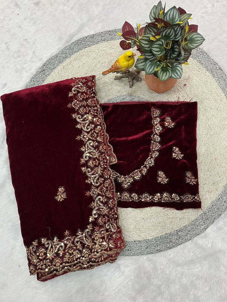 Joban Fashion Maroon 9000 Velvet Party Wear Sarees - Distacart