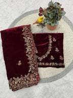 Joban Fashion Maroon 9000 Velvet Party Wear Sarees - Distacart
