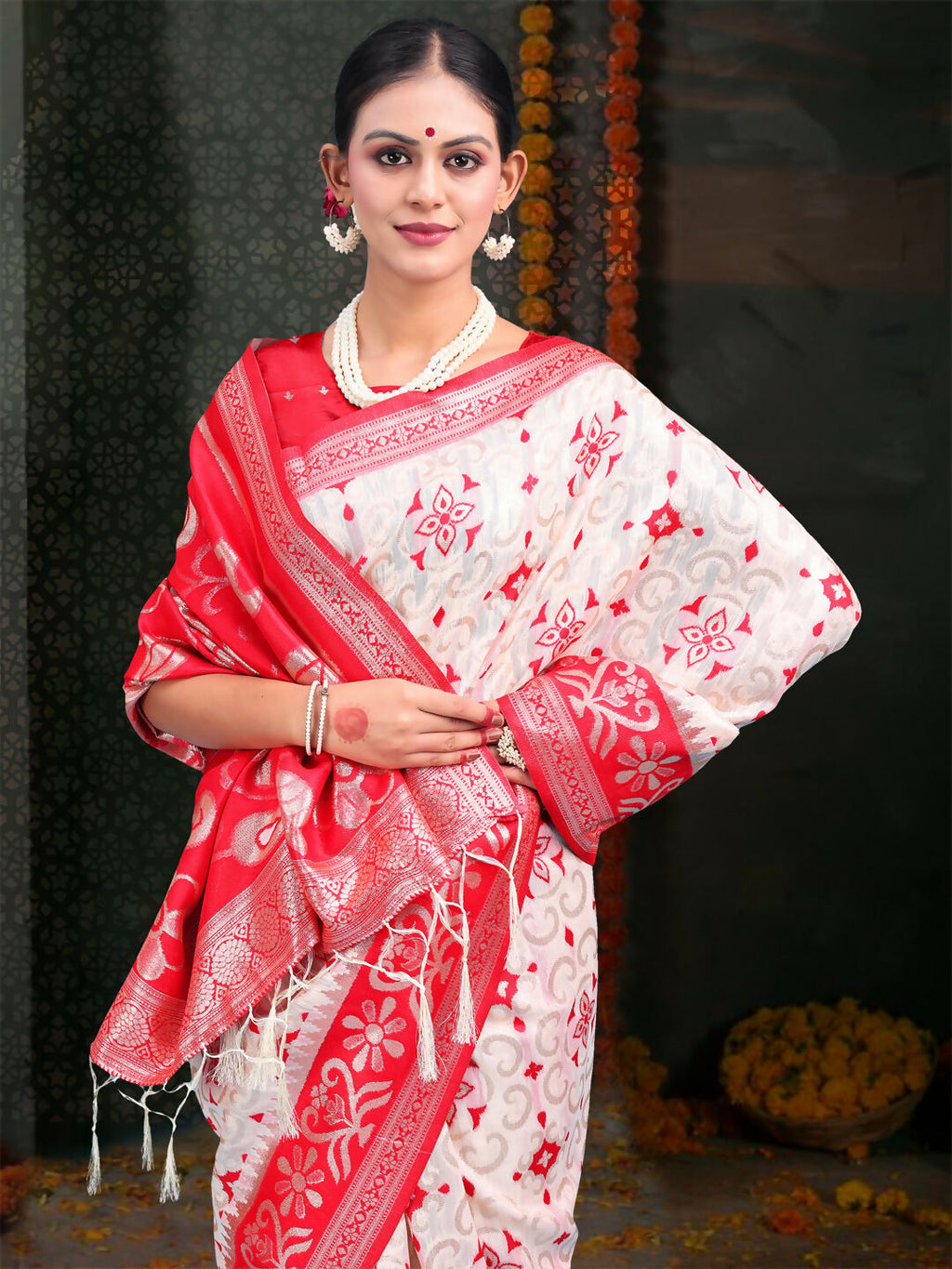 Shree Shyam Fashion Devistuti Red White Linen Cotton Saree