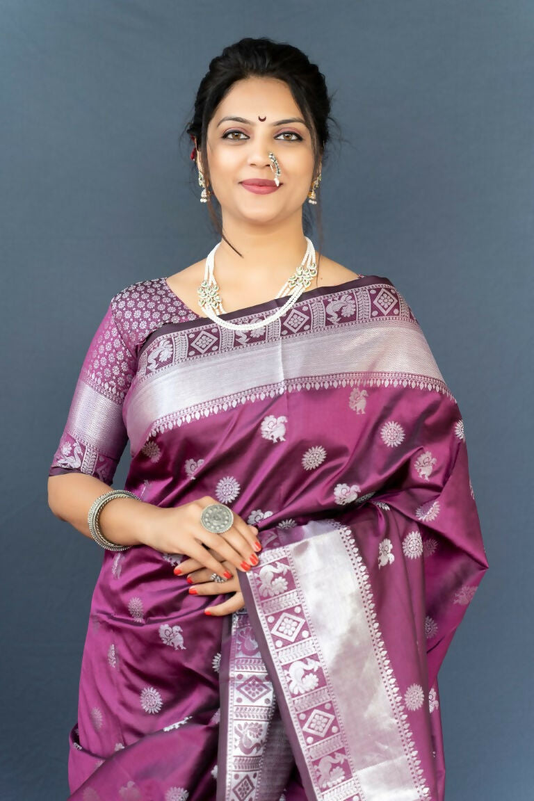 Jyoti Fashion Women's Wine Soft Banarasi Silk Zari Woven Saree with Blouse